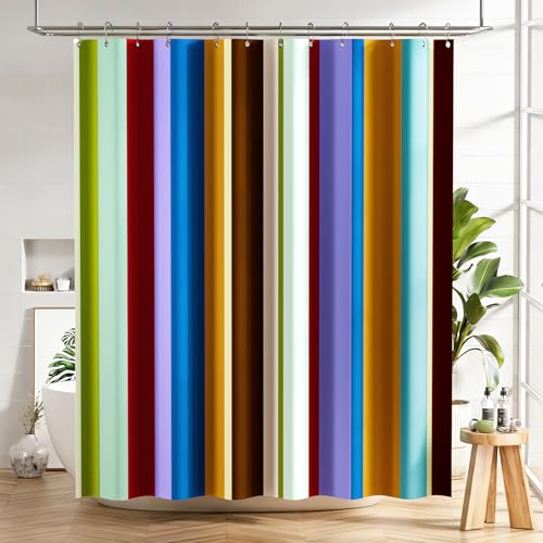 AmazerBath Colorful Vertical Stripes Shower Curtain, Cute Stripe Bathroom Shower Curtain Set with 12 Shower Curtain Hooks, Rustic Fabric Shower Curtain, 72x72 Inches - color: A- Colorful Vertical Stripes+12 Metal Hooks, size: 72"W x 72"L (Pack of 1)