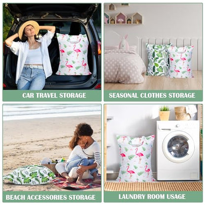 2 Pcs Large Travel Laundry Bags - Waterproof with Handle, Washable Dirty Clothes Bags for Travel, Wet/Dry Bag for Gym, Swimming Pool, College Dorm - color: Green Leaf +Flamingo