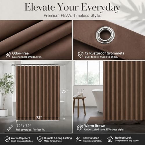 EHZNZIE Brown Shower Curtain Liner 72x72, PEVA Waterproof Bath Curtain, No Chemical Smell, 3 Weighted Magnets, Durable with Rustproof Metal Grommets - color: Brown, size: 72"W x 72"L (Pack of 1)