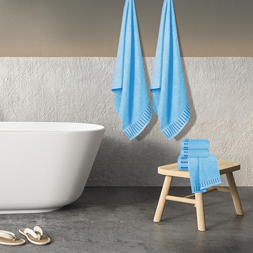 Ultra Soft 6 Pack Cotton Towel Set, Contains 2 Bath Towels 28x55 inch, 2 Hand Towels 16x24 inch & 2 Wash Cloths 12x12 inch, Ideal Everyday use, Compact & Lightweight - Sky Blue - color: Sky Blue, size: 6 Pack Set