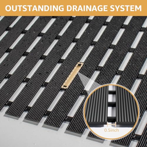 Yolife PVC Large Shower Mat, 35.4 × 24 Inch Non Suction Cup Non Slip Shower Floor Mat, Easy to Cut & Curlable Stand Up Shower Stall Mat, Heavy Duty Bath Shower Mats for Inside Shower - color: Black