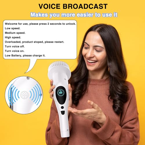 Electric Spin Scrubber, Electric Spin Cordless Tub and Tile Scrubber with Voice Broadcasting 3 Speed 9 Replaceable Clean Heads Power Spin Scrubbers