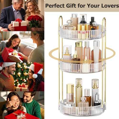 360° Rotating Makeup Organizer, 3 Tier Large Bathroom Makeup Organizers for Vanity, Clear Large Capacity Cosmetic Holder Perfume Storage Shelf