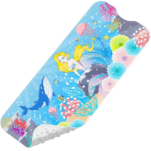 Upgrade Cartoon Baby Bath Mat Non Slip - 40"x16" Extra Long Bathtub Mat for Baby Eco Friendly Durable Bath Mat for Tub Non Slip Kids Tub Mat with Suction Cups, Machine Washable and No Fading, Mermaid - color: E-mermaid-2