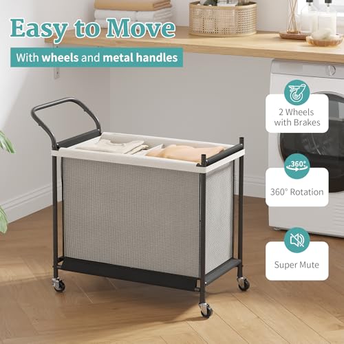 Laundry Hamper with Wheels - 2 Section Laundry Basket 120L, Removable Washable Bags, Height-Fitted Rolling Laundry Cart for Laundry Room & Bedroom - size: 120L(2-Section)