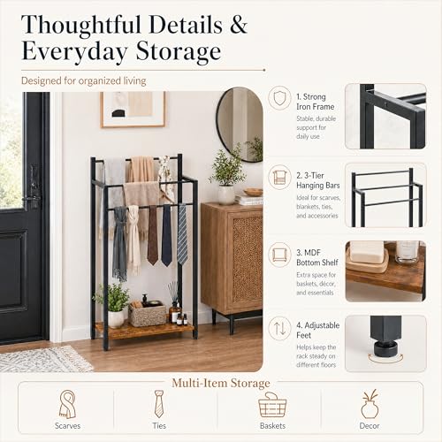 16.9" W Freestanding Towel Rack with Rustic Brown Wood Shelf | 3 Tier Blanket Ladder Stand for Bathroom Living Room, Metal Frame,31.5"H x 16.9"W x7.9"D - color: Rustic Brown, size: 31.5"H x 16.9"W x7.9"D