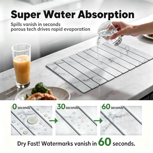 Stone Drying Mat for Kitchen Counter, Quick Diatomaceous Earth Mats for Dishes, 24"L x 16" W Super Absorbent Fast-Drying Collapsible Countertop Stone Mat (Marble White, 24" x 16") - color: Marble White