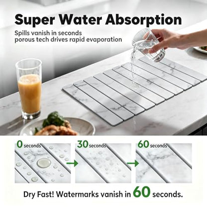 Stone Drying Mat for Kitchen Counter, Quick Diatomaceous Earth Mats for Dishes, 24"L x 16" W Super Absorbent Fast-Drying Collapsible Countertop Stone Mat (Marble White, 24" x 16") - color: Marble White