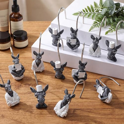 Roowest 12 Pcs Donkey Shower Curtain Hooks, Stainless Steel Farmhouse | Rust Resistant Shower Curtain Hangers, Western Rustic Bathroom Decor, Resin Donkey Head with White Scarf Winter Style - style: Donkey