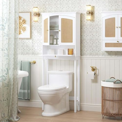 Spirich Over the Toilet Storage Cabinet with Arched Rattan Doors, White | Tilt-Out Storage Cube, Adjustable Shelf, 33-Inch Clearance, Anti-Tip Bracket, Freestanding Bathroom Organizer for Toiletries - style: Arched