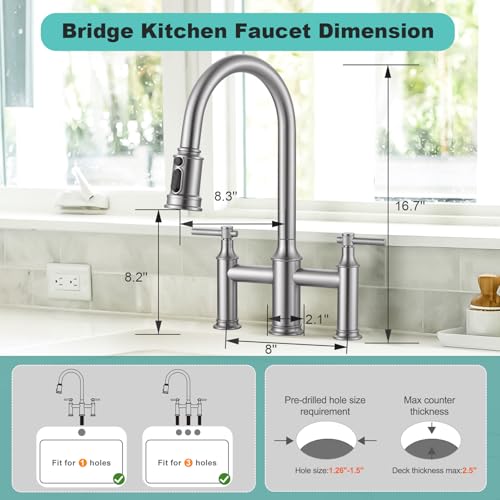 Brushed Nickel Bridge Kitchen Faucet: 3 Holes Kitchen Faucet with Pull Down Sprayer - Two Handles 8 Inch Centerset Kitchen Sink Faucet, 360° Swivel Spout - color: Brushed Nickel