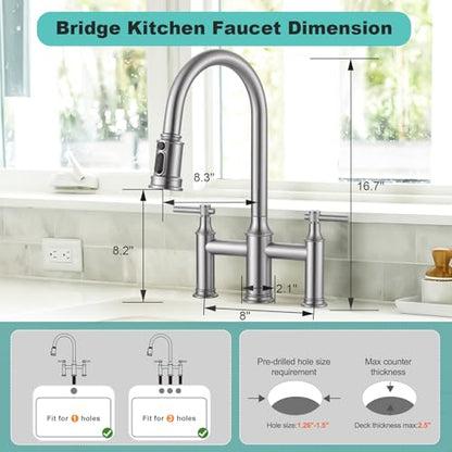 Brushed Nickel Bridge Kitchen Faucet: 3 Holes Kitchen Faucet with Pull Down Sprayer - Two Handles 8 Inch Centerset Kitchen Sink Faucet, 360° Swivel Spout - color: Brushed Nickel
