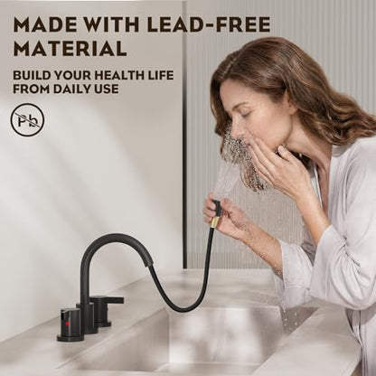 Pull Out Sprayer Matte Black 8 Inch Bathroom Sink Faucet, Widespread 2 Handles 3 Hole Pull Down Bathroom Faucet, with Pop Up Drain and Water Supply Line, BF04022-K01-MB - color: Matte Black