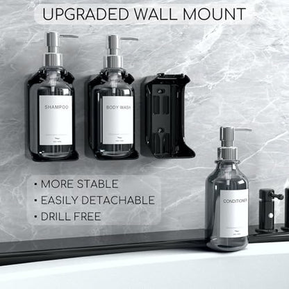 Stylish Shampoo and Conditioner Dispenser Wall Mount Set of 3 - No Drill 16oz Shower Soap Dispenser Wall Mounted 3 Chamber with 6 Labels, Easy to Refill Shampoo Dispenser for Shower Wall - Clear - color: Clear