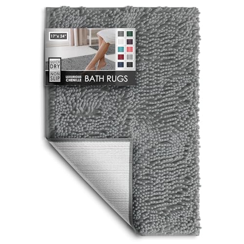 Hearth & Harbor Bathroom Rugs, Chenille Bath Mat - Machine Washable Bath Mats for Bathroom Non-Slip Backing Rubber, Quick Dry Bathroom Mat, 17 x 24 - Frost Grey - color: Frost Grey, style: 17 x 24