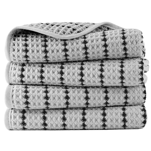 POLYTE 430 GSM Poly Blend Microfiber Quick Dry Waffle Hand Towel, 16x30 in | 4 Pack, Oversize, Lint Free, Quick Dry, Hanging Loop - color: Light Gray/Black