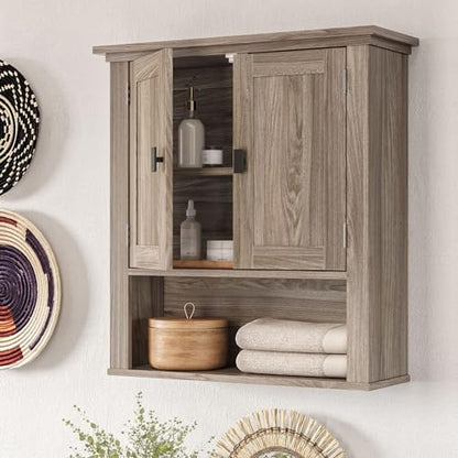 RiverRidge Hayward 2-Door Bathroom Wall Medicine Cabinet, Light Woodgrain | Open Display Shelf, Adjustable Interior Shelf, Laundry Storage, Wall-Mounted Over the Toilet Space-Saving Cabinet - color: Light Woodgrain