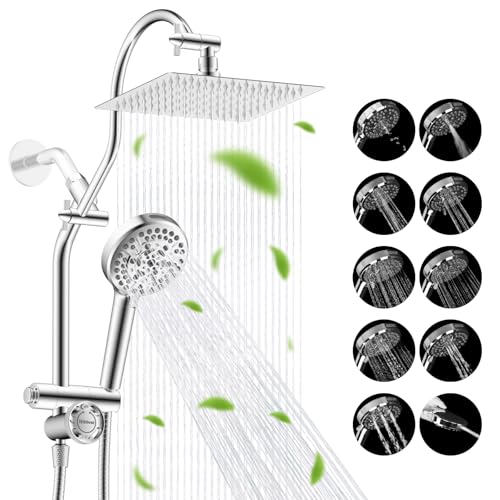 Hibbent High Pressue All Metal 8" Rainfall Shower Head, Handheld 10-Spray | cUPC Certified Chrome Dual Showerhead Combo, 4-way Diverter with Pause Mode, Brass Extension Arm, 71'' Shower Hose & Holder - color: Chrome, style: Square 8"
