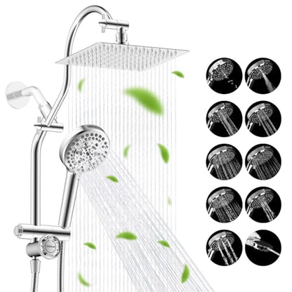 Hibbent High Pressue All Metal 8" Rainfall Shower Head, Handheld 10-Spray | cUPC Certified Chrome Dual Showerhead Combo, 4-way Diverter with Pause Mode, Brass Extension Arm, 71'' Shower Hose & Holder - color: Chrome, style: Square 8"
