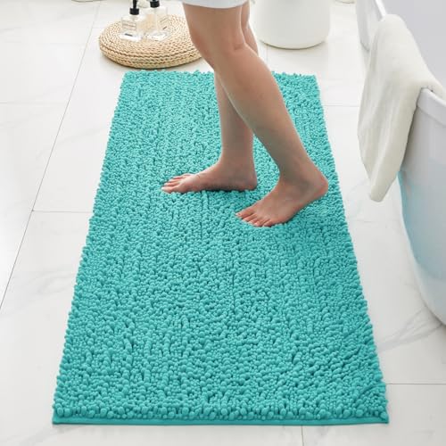 Bathroom Rugs Non Slip Washable 60x24, Extra Thick Soft Chenille Absorbent Bath Mat, High Density Barrier Non Slip Backing, Quick Dry Plush Shaggy Floor Carpet for Tub&Shower, TealBlue - color: Teal Blue, size: 60" X 24"(Bathroom Rug)