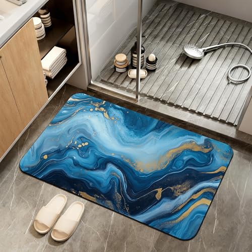 Bath Mat,Blue Gold Flowing Marble Bathroom Rugs,Quick-Drying Non-Slip Rubber Bath Mats Absorbent Diatomaceous Earth Mat for Bathroom Home Decor 17"x29.5" - color: Blue Gold Flowing Marble