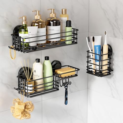 Shower Caddy Suction Cup, Bathroom Organizer for Inside Shower | Black Bathroom Organizer With Hook, Rustproof Shower Holder Storage, 3 Pack Shower Caddies, Heavy Duty Shower Basket - color: 3 × Dark Black