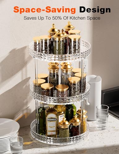 3Tier Diamond Lazy Susan Bathroom Countertop Organizer, 360° Clear Rotating Makeup Cosmetic Perfume Storage Tray, Spinning Vanity Organizer Shelf for Bathroom Cabinet, Dresser, Kitchen(Large) - size: 3 Tier / 10.6Inch-Diamond
