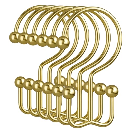 Gold Shower Curtain Hooks, 12PCS Minimalist Simple Double Shower Curtain Rings, Rust-Resistant Metal Shower Hooks Shower Curtain Hangers, Shower Rings for Bathroom Shower Rods Curtains - color: Gold, style: Minimalist - Double Hooks