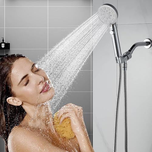 High Pressure Shower Head with ON/Off Pause Switch Button, 5 Mode Handheld Shower Head with Hose and Adjustable Bracket, Chrome, Easy to Wash Hair, Kid Bath, Pet Bath