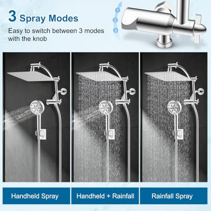 Hibbent All Metal 10" High Pressure Rain Shower Head Combo, Chrome | cUPC Certified Rainfall Shower Head with handheld 10 Sprays, 16'' Adjustable Extension Arm, 71'' Hose, Showerhead Holder - color: Chrome, style: Square 10''