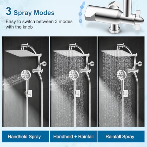 Hibbent All Metal 10" High Pressure Rain Shower Head Combo, Chrome | cUPC Certified Rainfall Shower Head with handheld 10 Sprays, 16'' Adjustable Extension Arm, 71'' Hose, Showerhead Holder - color: Chrome, style: Square 10''