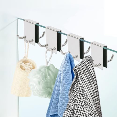 EAEDMY Shower Door Hooks, Over Glass Shower Towel Hooks for Bathroom, Suit for Frameless Glass Shower Door 0.43in (<11mm), Stainless Steel, Drilling-Free, 2 Pack (4Pack Silvery) - color: 4Pack Silvery