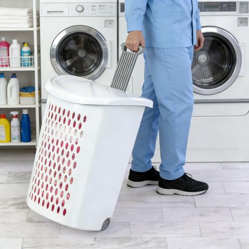 Plastic Laundry Hamper with Wheels and Handle - White Rolling Clothes Hamper Basket with Lid for Easy Transport and Storage