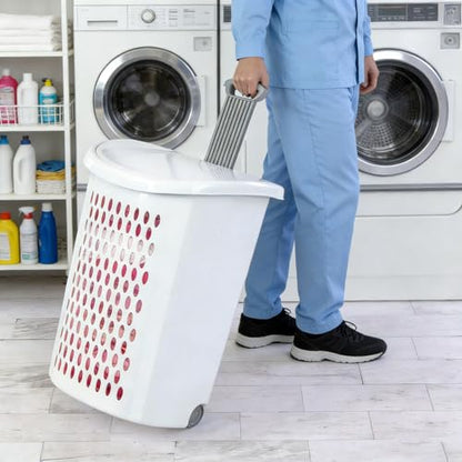 Plastic Laundry Hamper with Wheels and Handle - White Rolling Clothes Hamper Basket with Lid for Easy Transport and Storage