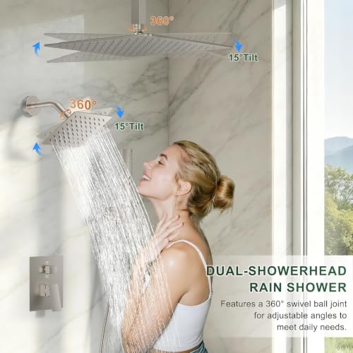 Rain Shower System with Rough-in Valve, Ceiling Mount Shower Faucet Set with 12"&6" Dual Rain Shower Heads, 2-in-1 Handheld Shower, Tub Spout, 4-Function Complete Shower Fixture,Brushed Nickel - color: Brushed Nickel, size: Ceiling Mount-12"+6" head with