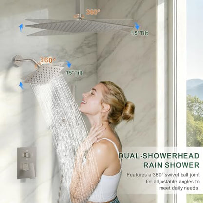 Rain Shower System with Rough-in Valve, Ceiling Mount Shower Faucet Set with 12"&6" Dual Rain Shower Heads, 2-in-1 Handheld Shower, Tub Spout, 4-Function Complete Shower Fixture,Brushed Nickel - color: Brushed Nickel, size: Ceiling Mount-12"+6" head with