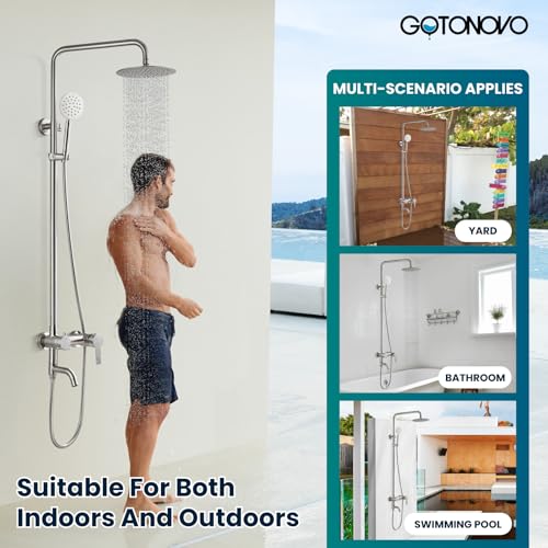 gotonovo Outdoor Shower Kit SUS304 Stainless Steel Brushed Nickel | Outside Shower Fixtures,8’’ Rain Head with Handheld Sprayer,Swivel Tub Spout,Indoor/Outdoor,Poolside,Backyard,Garden,Beach - color: Nickel