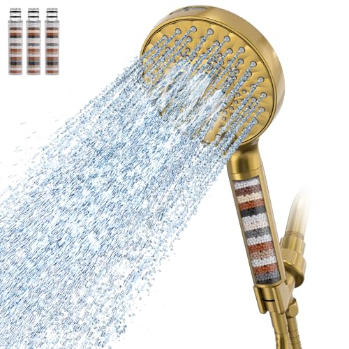 SR SUN RISE Filtered Shower Head with Handheld High Pressure 9 Spray Mode Showerhead Detachable Shower Head Water Softener Filters Beads for Hard Water Remove Chlorine 4 Filters Brushed Gold - color: Brushed Gold, size: 4 Filters