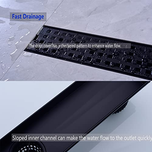 16" SUS304 Linear Shower Drain,Hair Strainer&Adjustable Feet,Matte Black | Nicmondo,2"US Standard Outlet,Sloped channel & checkered grate for fast anti-pooling drainage,indoor & outdoor multi-scene