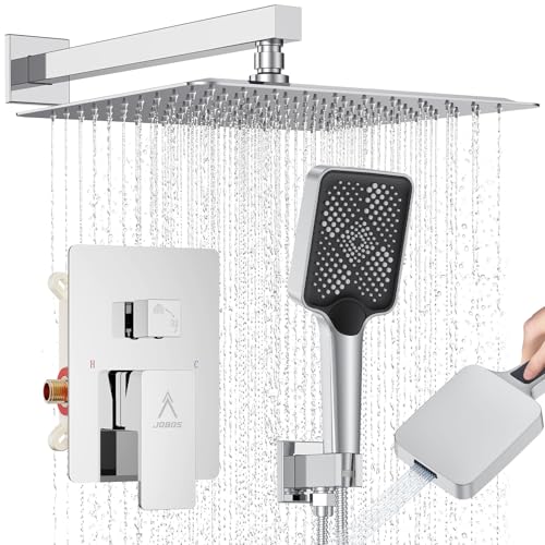 Shower System Modern Rain Brass Faucet Set With Valve and Diverter Shower Mixer With Handheld High Pressure Square Rainfall Shower Valve (12'' Wall Mount, Chrome Polished) - color: Chrome Polished, style: 12'' Wall Mount