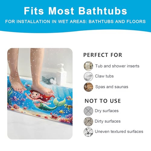 Baby Bath Mat for Tub Non Slip Kids Bath Mat - 40''x16'' Extra Long Cartoon Turtle Baby Bath Tub Mat Eco-Friendly Toddler Bath Mats with Suction Cups & Drain Holes, Easy to Clean & Easy Drying - color: Mermaid