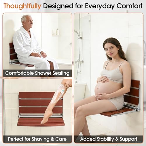 20" Folding Shower Seat, Fold Down Shower Seat Wall Mounted, Stainless Steel Frame with HDPS Seat, 400 lb Load Capacity, Folding Shower Bench for Seniors & Elderly (Red) - color: Red