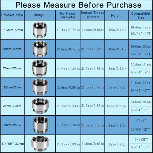 7 PCS Female Thread Faucet Adapter Kit, Sink Faucet Aerator Adapter | Female Thread Sink Adapter: M18.5, M20, M21, M22, M24, G1/2 and 3/4 GHT to M22 Male, Faucet Connector with Washer, PTFE Tape