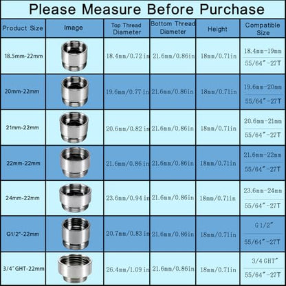 7 PCS Female Thread Faucet Adapter Kit, Sink Faucet Aerator Adapter | Female Thread Sink Adapter: M18.5, M20, M21, M22, M24, G1/2 and 3/4 GHT to M22 Male, Faucet Connector with Washer, PTFE Tape
