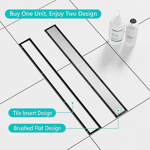 Neodrain 48" Brushed Linear Shower Drain,2-in-1 Flat& Tile Insert Cover | 304 Stainless Steel,Fast Drainage, Durable,Rectangle Shower Floor Drain with Adjustable Feet,Hair Strainer,Fits Bathrooms - color: Stainless Steel, size: 48 In