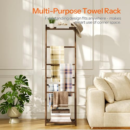 HOOBRO Blanket Ladder, 3-Tier Towel Rack, Bamboo Blanket Rack, Blanket Stand, Blanket Ladders for Bedroom, Quilt Ladder for Living Room, Bedroom, Decorative Display Ladder Shelf, Mocha MA124CJ01