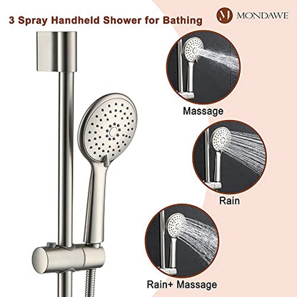 MONDAWE 9 Inch Wall Mounted Shower Faucet Set in Brushed Nickel, Rainfall Shower Head with 3-Setting Handheld Spray Shower Set Combo, High Pressure Shower System with Solid Brass Valve - color: Brushed Nickel, style: 9 IN - Without Tub Spout