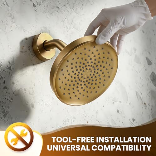 Brushed Gold Shower Arm 6" Shower Extension Arm with Flange and Teflon Tape, Solid Brass Construction 1/2″ NPT, Close to Wall Shower Replacement for for Shower Head & Handheld Shower Head - color: Brushed Gold