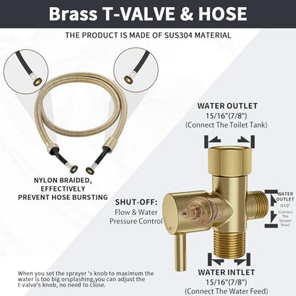 Brushed Gold Handheld Bidet Sprayer for Toilet, Stainless Steel Cloth Diaper Sprayer Kit with Solid Brass T-Valve, Adjustable Water Pressure Bidet Attachment - color: Brushed Gold, size: 1 Set