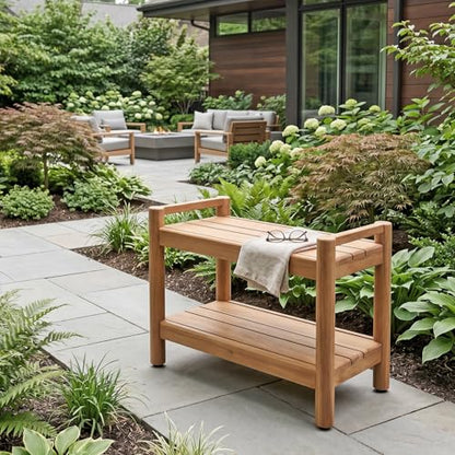 Asta Select Solid Teak 26" Shower Bench with Arms, Portable Teak Wood Spa/Shower/Outdoor Bench with Storage Shelf, Accent Side Table, Fully Assembled, ST-62A